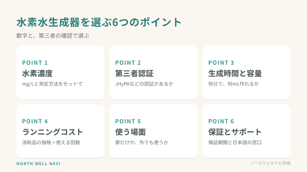 水素水生成器を選ぶ6つのポイント:水素濃度、第三者認証、生成時間と容量、ランニングコスト、使う場面、保証とサポート